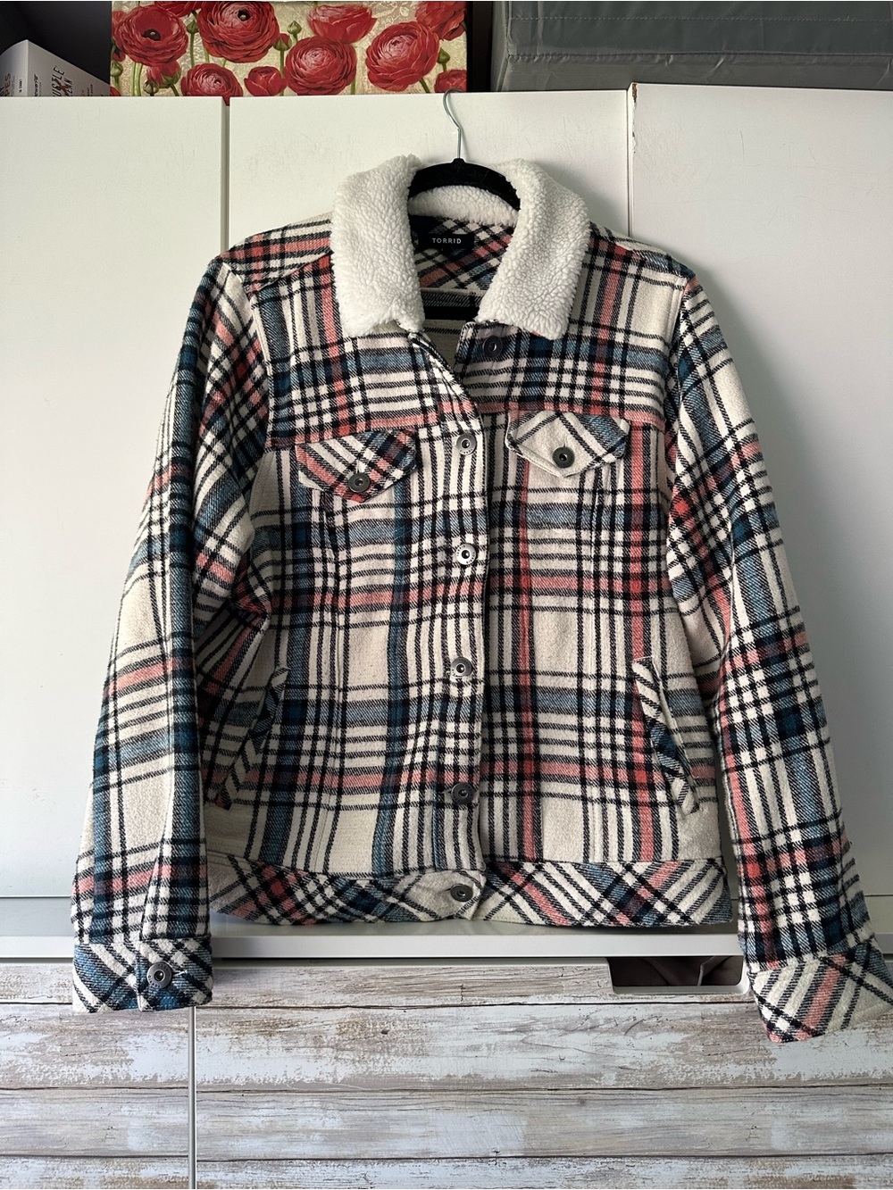 🧥 Torrid Plaid Sherpa Collar Trucker Jacket Pink Blue Ivory Plus Size 1